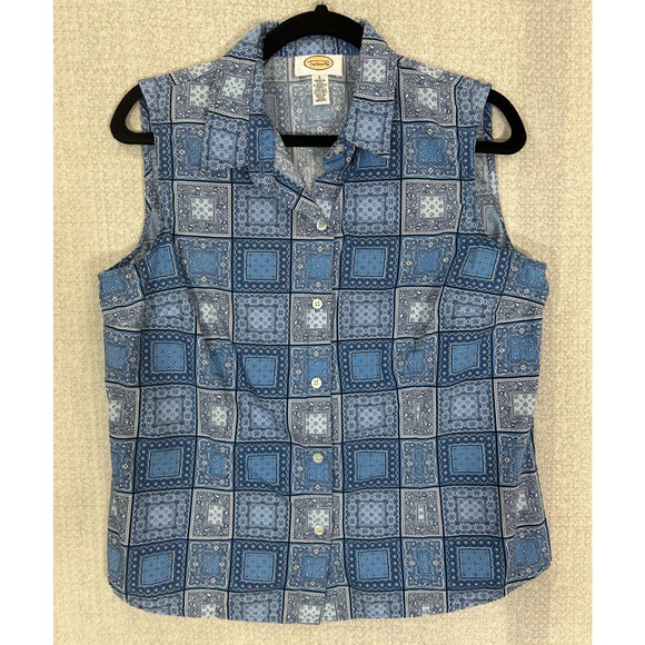 Vintage Talbots Womens Top Large Blue Country Patchwork Button Up Sleeveless - Picture 1 of 7